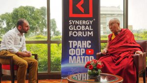 Grigory Avetov, CEO of Synergy Business School, Russia talking to His Holiness the Dalai Lama in Delhi, India on August 3, 2017. 