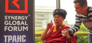 His Holiness the Dalai Lama wearing a traditional Russian hat presented after his interview with Synergy Global Forum in Delhi, India on August 3, 2017.