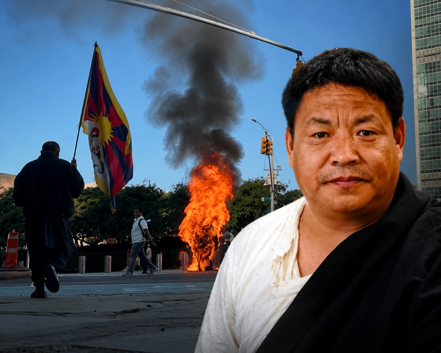 རྒྱལ་ཚོགས་ཀྱི་མདུན་དུ་དཔའ་བོ་བློ་དགའ་རང་བཙན་ལགས་ཀྱི་དྲན་རྟེན་འདྲ་སྐུ་བཞེངས་རྒྱུའི་ལས་འགུལ་སྤེལ་བཞིན་པ།